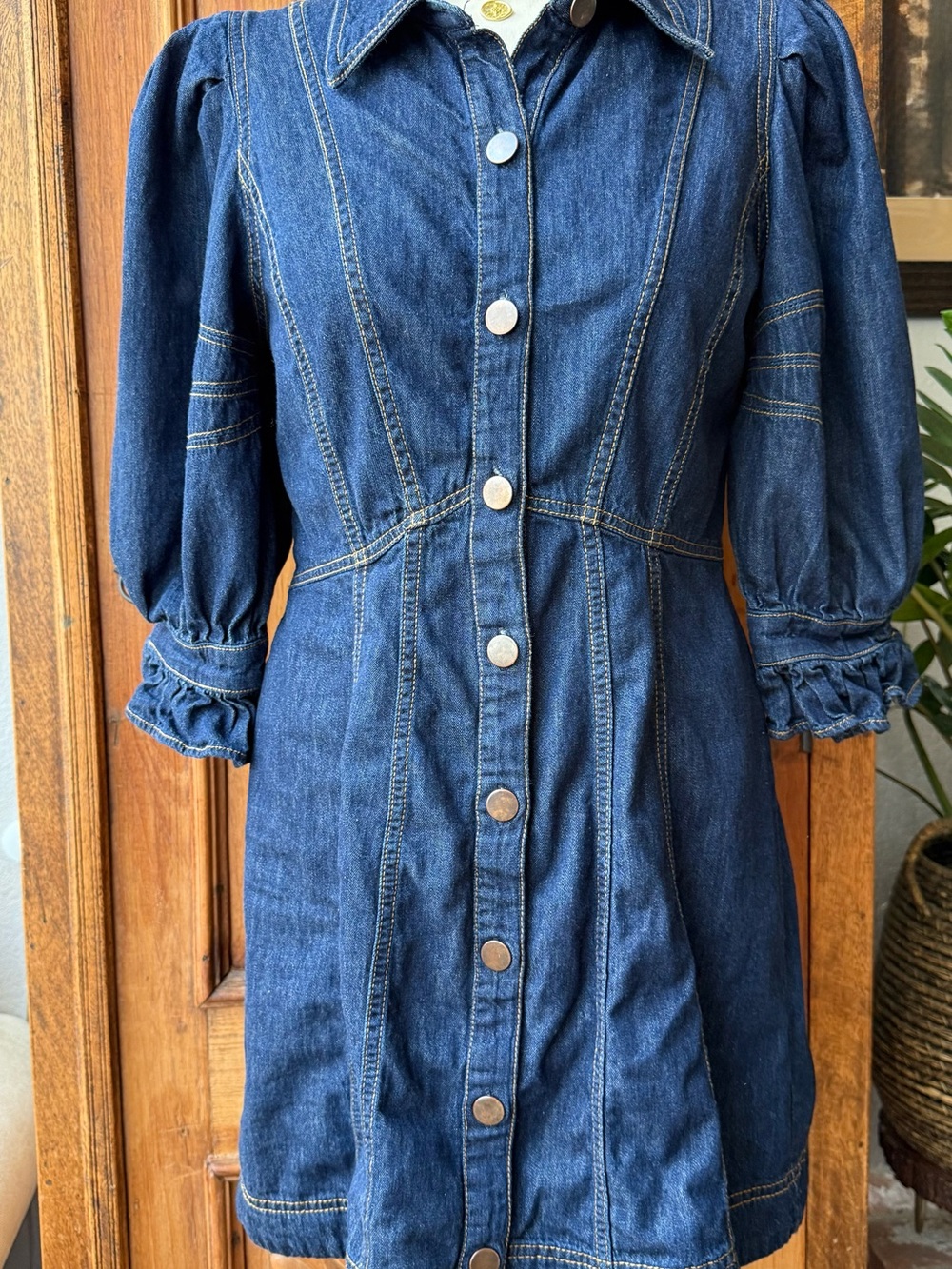 Anthropologie Button-up, Collared 3/4 Puff Sleeve Mini Blue Jean Dress Size 8 - Picture 1 of 12